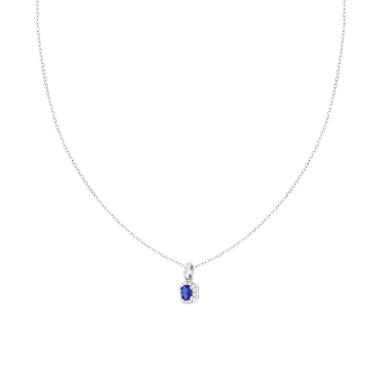 Collana Catena Forzatina Diamantata con Ovale Blu Zaffiro contornato da Cubic Zirconia Bianchi in ARGENTO 925 Galvanica Rodio