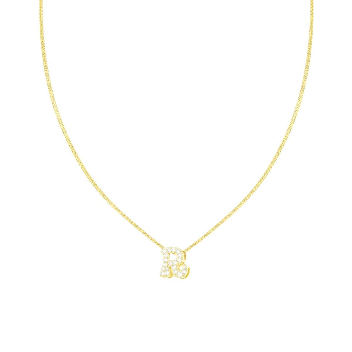 Collana Catena Spiga Diamantata con Lettera Iniziale R e Cubic Zirconia Bianchi in ARGENTO 925 Galvanica Oro