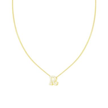 Collana Catena Spiga Diamantata con Lettera Iniziale R e Cubic Zirconia Bianchi in ARGENTO 925 Galvanica Oro