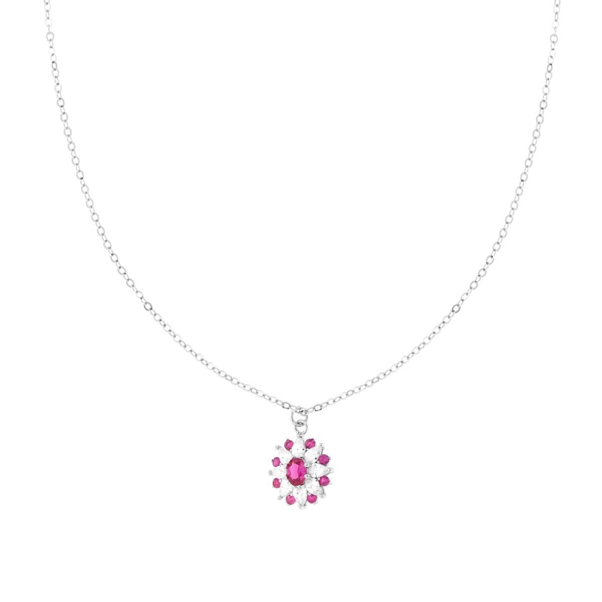 Collana Catena Forzatina Diamantata con Fiore Ovale Rosso Rubino e Cubic Zirconia Bianchi Marquise in ARGENTO 925 Galvanica Rodio