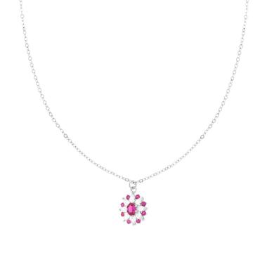 Collana Catena Forzatina Diamantata con Fiore Ovale Rosso Rubino e Cubic Zirconia Bianchi Marquise in ARGENTO 925 Galvanica Rodio