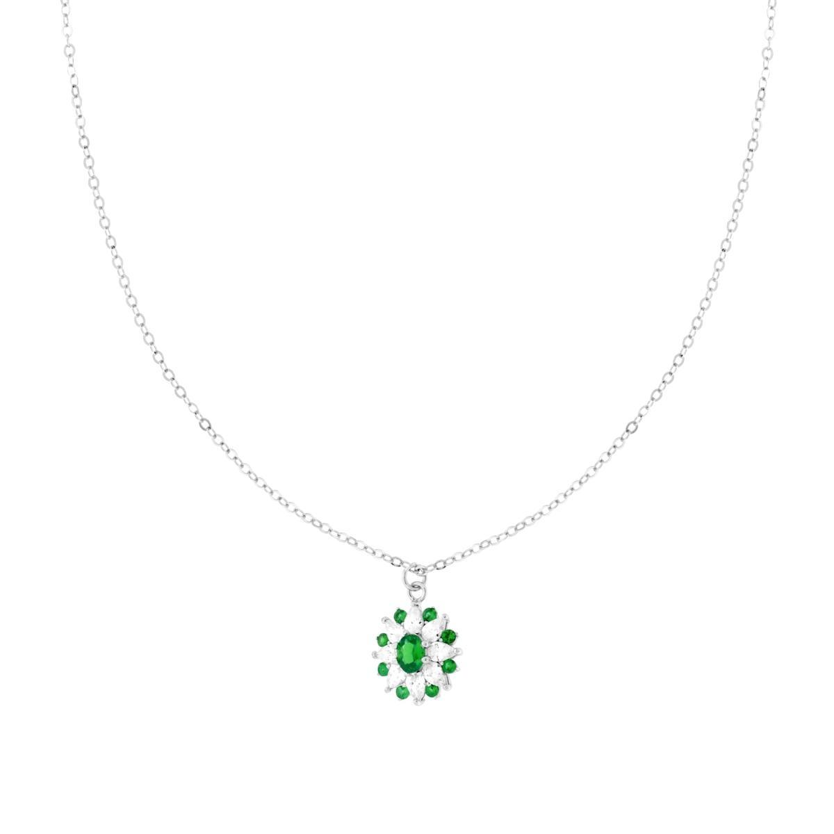 Collana Catena Forzatina Diamantata con Fiore Ovale Verde Smeraldo e Cubic Zirconia Bianchi Marquise in ARGENTO 925 Galvanica Rodio
