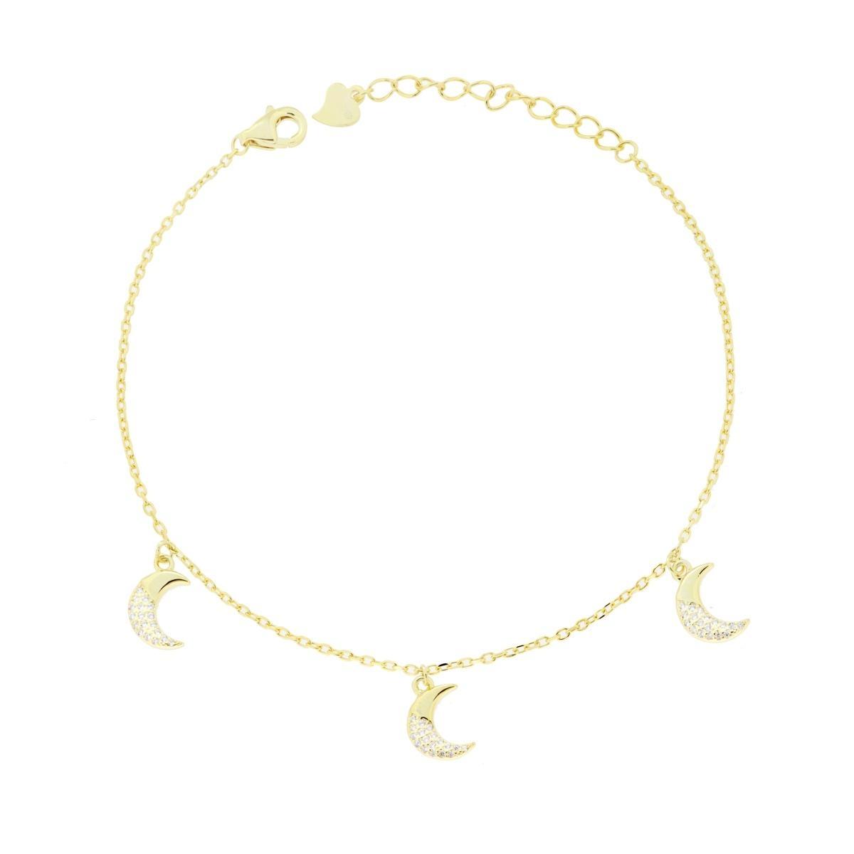 Bracciale Catena Forzatina Diamantata con Lune pendenti e Cubic Zirconia Bianchi in ARGENTO 925 Galvanica Oro