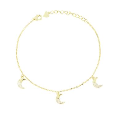 Bracciale Catena Forzatina Diamantata con Lune pendenti e Cubic Zirconia Bianchi in ARGENTO 925 Galvanica Oro