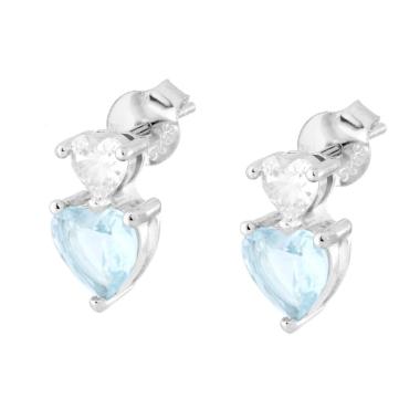 Orecchini Punto Luce Cuori Cubic Zirconia Bianco e Acquamarina in ARGENTO 925 Galvanica Rodio