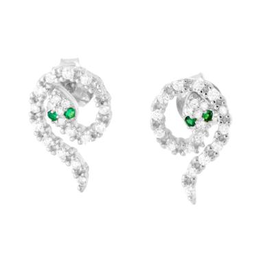 Orecchini Serpente con Cubic Zirconia Bianchi e Verde Smeraldo in ARGENTO 925 Galvanica Rodio