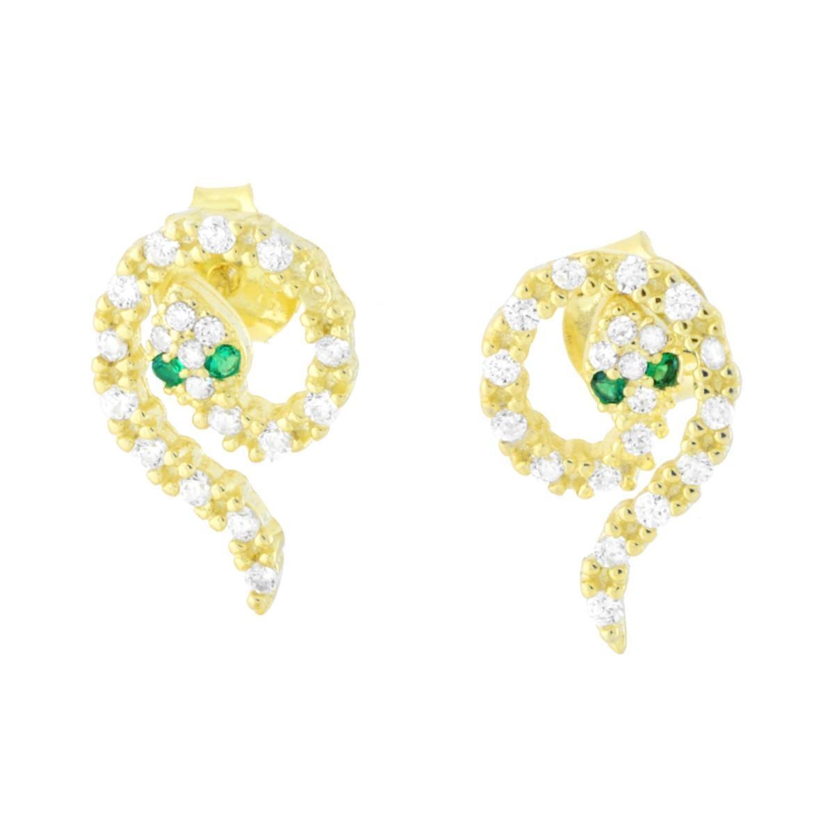 Orecchini Serpente con Cubic Zirconia Bianchi e Verde Smeraldo in ARGENTO 925 Galvanica Oro