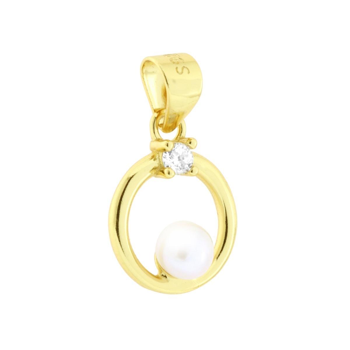 Ciondolo Cerchio con Perla Naturale e Cubic Zirconia Bianco in ARGENTO 925 Galvanica Oro