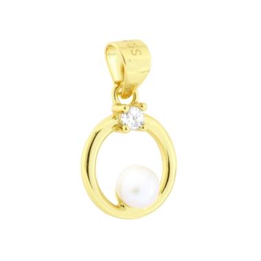 Ciondolo Cerchio con Perla Naturale e Cubic Zirconia Bianco in ARGENTO 925 Galvanica Oro