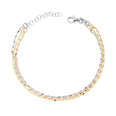 Bracciale tre fili Catena Grumetta con Cilindretti Diamantati in ARGENTO 925 Galvanica Rodio Oro e Rosa