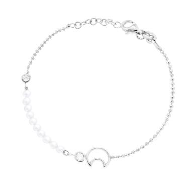 Bracciale Catena Palline Diamantate con Luna Cubic Zirconia Bianchi e Perle in ARGENTO 925 Galvanica Rodio