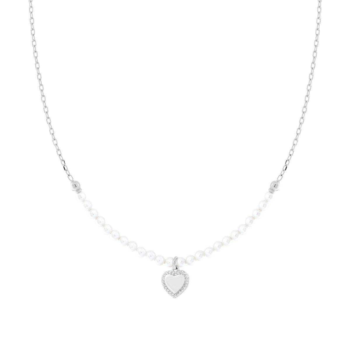 Collana con Catena Forzatina Diamantata e Filo Perla Bianca in vetro perlato con Cuore e Cubic Zirconia Bianchi in ARGENTO 925 Galvanica Rodio