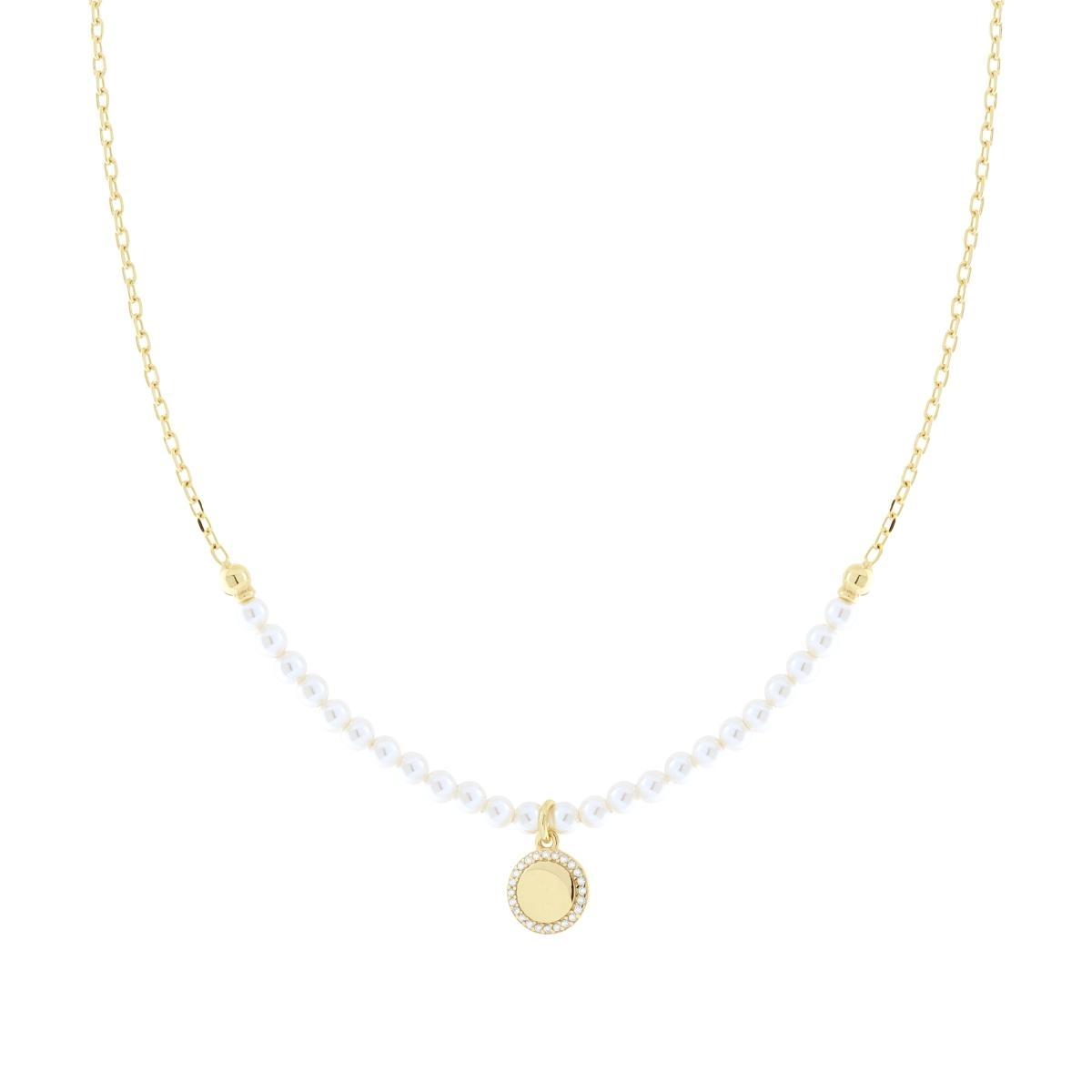 Collana con Catena Forzatina Diamantata e Filo Perla Bianca in vetro perlato con Tondo e Cubic Zirconia Bianchi in ARGENTO 925 Galvanica Oro