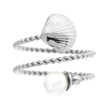 Anello Contrarie filo Torchon con Conchiglia e Perla in ACCIAIO