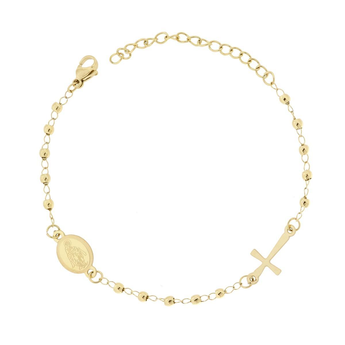 Bracciale Rosario cm 18+5 con Grani Pallina Liscia mm 3 con Croce e Medaglia Madonna in ACCIAIO colore Oro