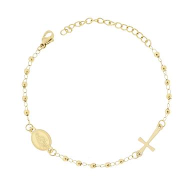 Bracciale Rosario cm 18+5 con Grani Pallina Liscia mm 3 con Croce e Medaglia Madonna in ACCIAIO colore Oro