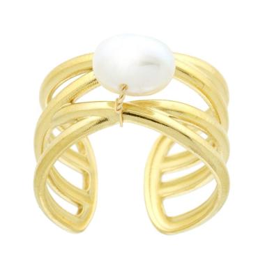 Anello Fascione Multifilo con Perla in ACCIAIO color Oro