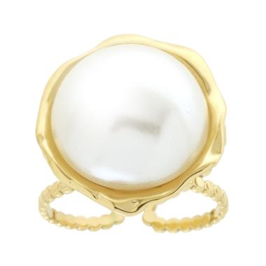 Anello doppio Gambo Pallinato con Perla in ACCIAIO color Oro