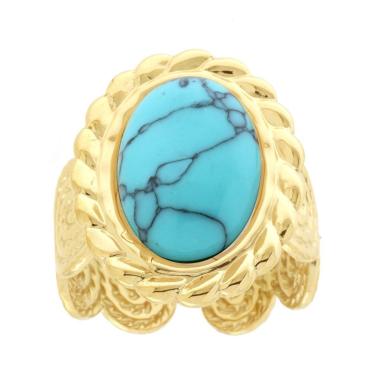 Anello Fascia con Spirali effetto Corda con Pietra Ovale colore Turchese in ACCIAIO colore Oro