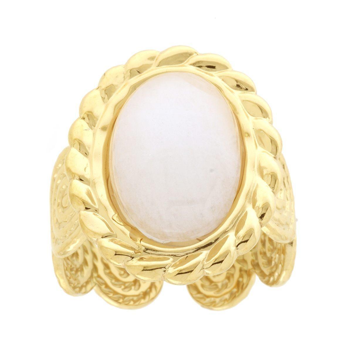 Anello Fascia con Spirali effetto Corda con Pietra Ovale colore Quarzo Rosa in ACCIAIO colore Oro