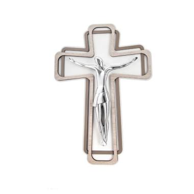 Cristo crocifisso stilizzato argento su croce legno 25x35 cm Femiano