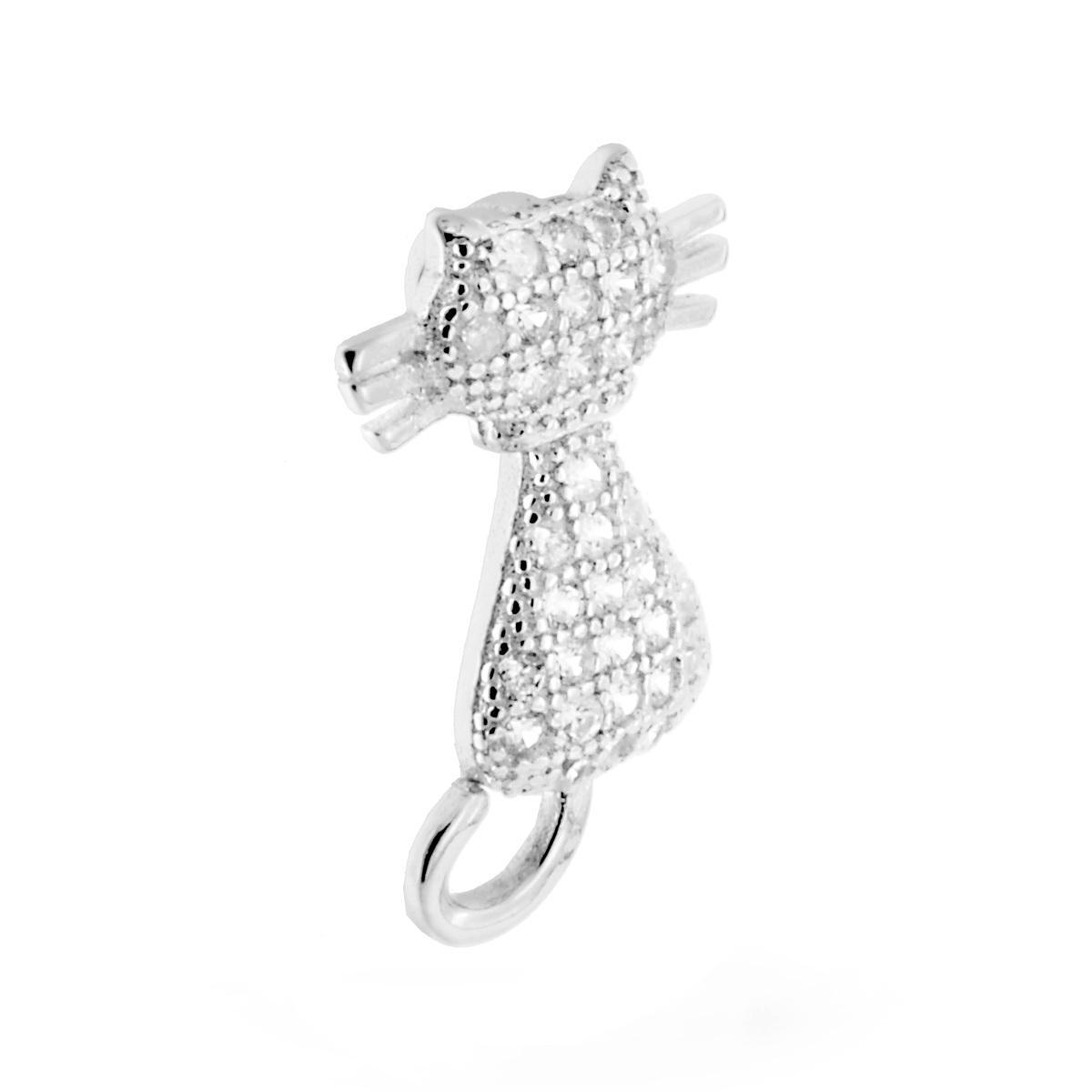Ciondolo Gatto con Zirconi Bianchi in ARGENTO 925 Galvanica Rodio