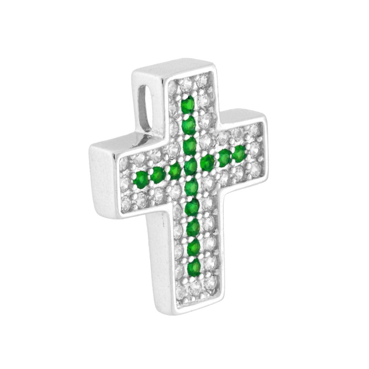 Ciondolo Croce con Cubic Zirconia Verde Smeraldo e Bianchi in ARGENTO 925 Galvanica Rodio