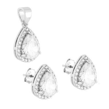 Parure Set Orecchini e Ciondolo Goccia Cubic Zirconia Bianco contornato da Cubic Zirconia Bianchi in ARGENTO 925 Galvanica Rodio
