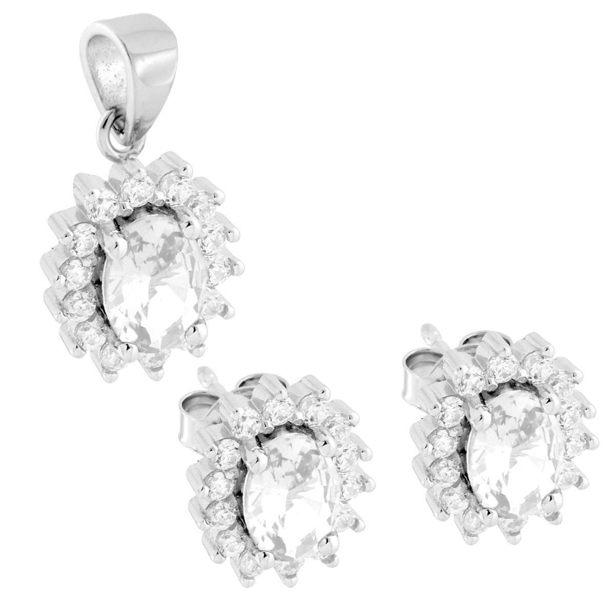 Parure Set Orecchini e Ciondolo Ovale Cubic Zirconia Bianco contornato da Cubic Zirconia Bianchi in ARGENTO 925 Galvanica Rodio