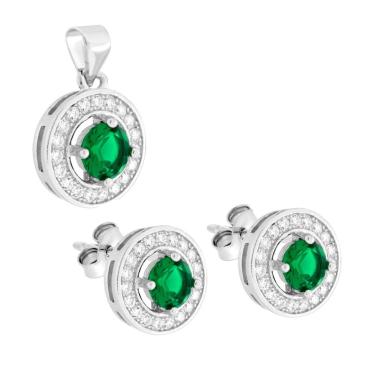 Parure Set Orecchini e Ciondolo Tondo Verde Smeraldo contornato con Cubic Zirconia Bianchi in ARGENTO 925 Galvanica Rodio