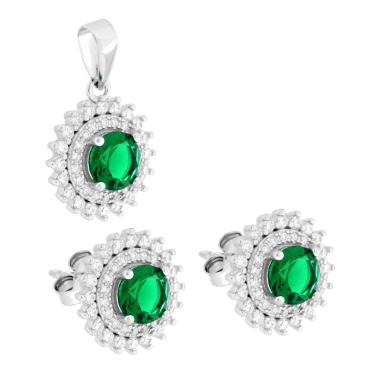 Parure Set Orecchini e Ciondolo Tondo Verde Smeraldo contornato da due giri di Cubic Zirconia Bianchi in ARGENTO 925 Galvanica Rodio