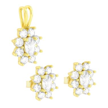 Parure Set Orecchini e Ciondolo Fiore Bianco con Cubic Zirconia Bianchi in ARGENTO 925 Galvanica Oro