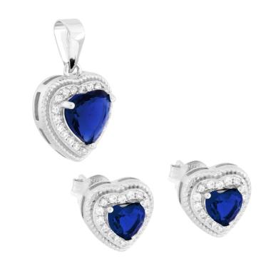 Parure Set Orecchini e Ciondolo Cuore Blu Zaffiro contornato da Cubic Zirconia Bianchi in ARGENTO 925 Galvanica Rodio