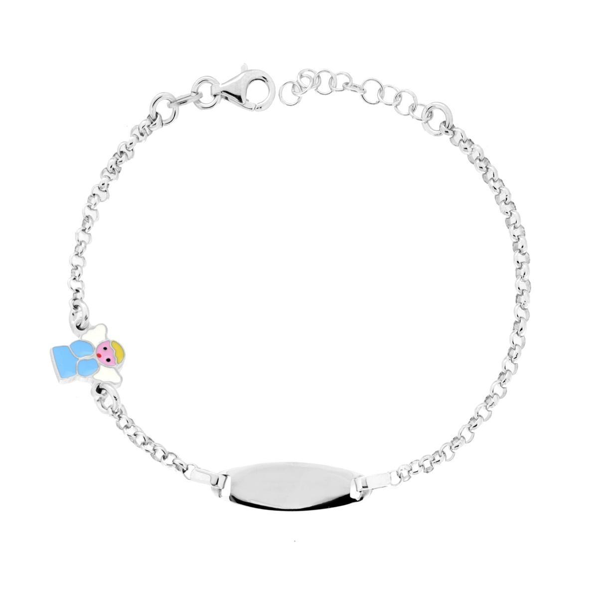 Bracciale Bimbo Bimba Catena Rolo con Targa Ovale e Angelo con Smalto Azzurro in ARGENTO 925 Galvanica Rodio