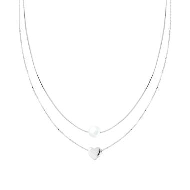 Collana due fili Catena Veneziana Diamantata e Coda di Topo con Cuore e Perla centrali in ARGENTO 925 Galvanica Rodio