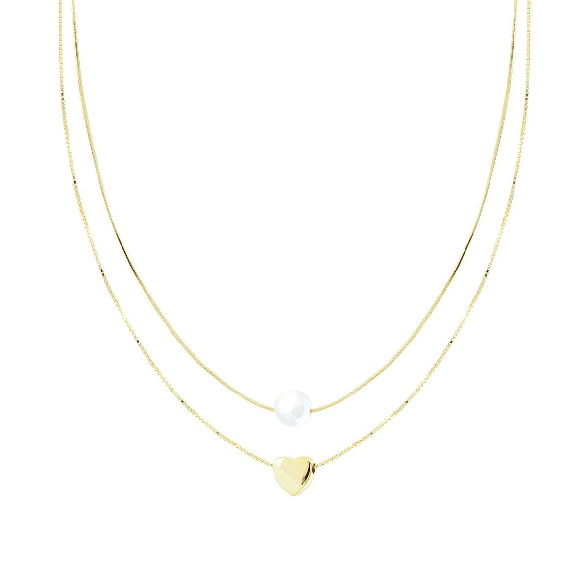 Collana due fili Catena Veneziana Diamantata e Coda di Topo con Cuore e Perla centrali in ARGENTO 925 Galvanica Oro