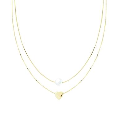 Collana due fili Catena Veneziana Diamantata e Coda di Topo con Cuore e Perla centrali in ARGENTO 925 Galvanica Oro