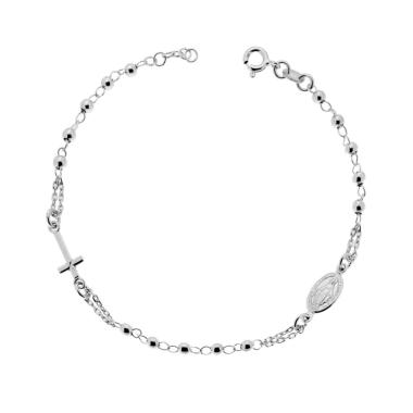 Bracciale Rosario cm 18+2 con Grani mm 3 con Croce e Medaglia Madonna in ARGENTO 925 Galvanica Rodio