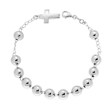 Bracciale Rosario cm 20 con Grani Pallina liscia mm 8 e Croce pendente in ARGENTO 925 Galvanica Rodio