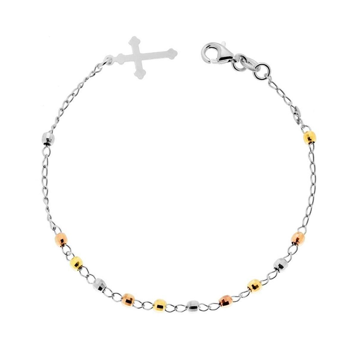 Bracciale Rosario con Palline Diamantate e Croce pendente 19 mm in ARGENTO 925 Galvanica Oro Rodio e Rosa