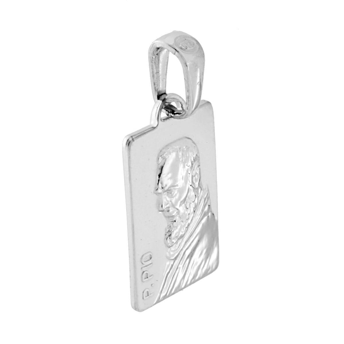 Ciondolo Medaglia Rettangolare con Padre Pio in ARGENTO 925 Galvanica Rodio