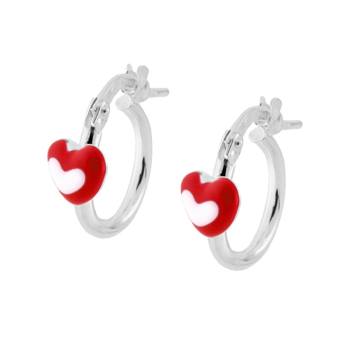 Orecchini Bimba Boccoli Cerchio con Cuore Smalto Rosso e Bianco in ARGENTO 925 Galvanica Rodio