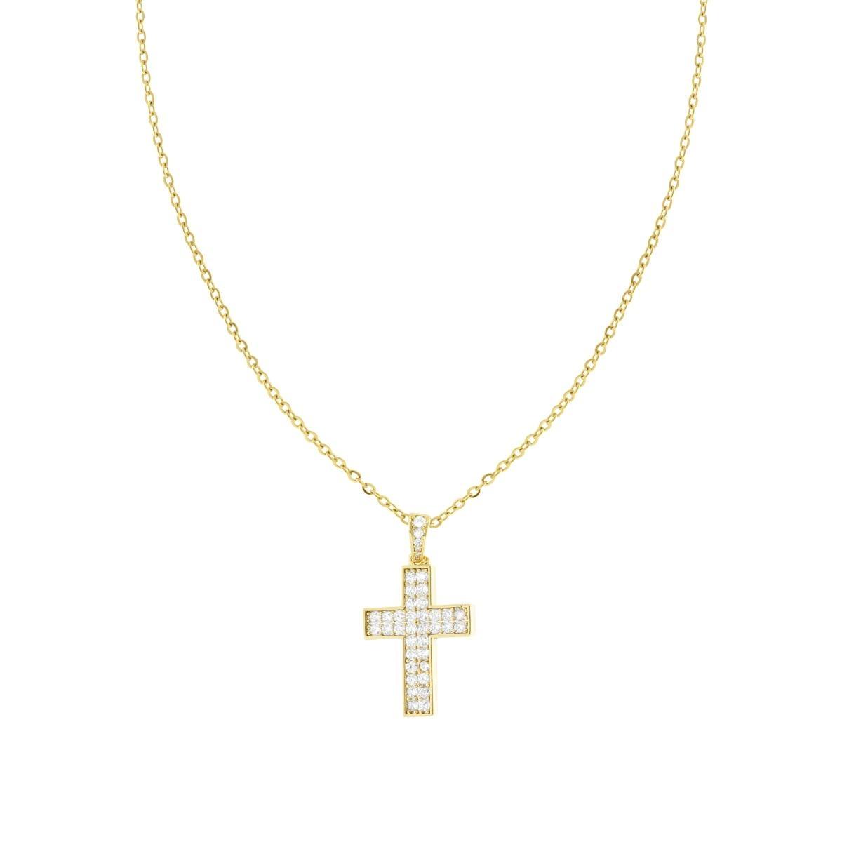 Collana Catena Forzatina Diamantata con Croce e Crystal Bianco in ACCIAIO e OTTONE colore Oro
