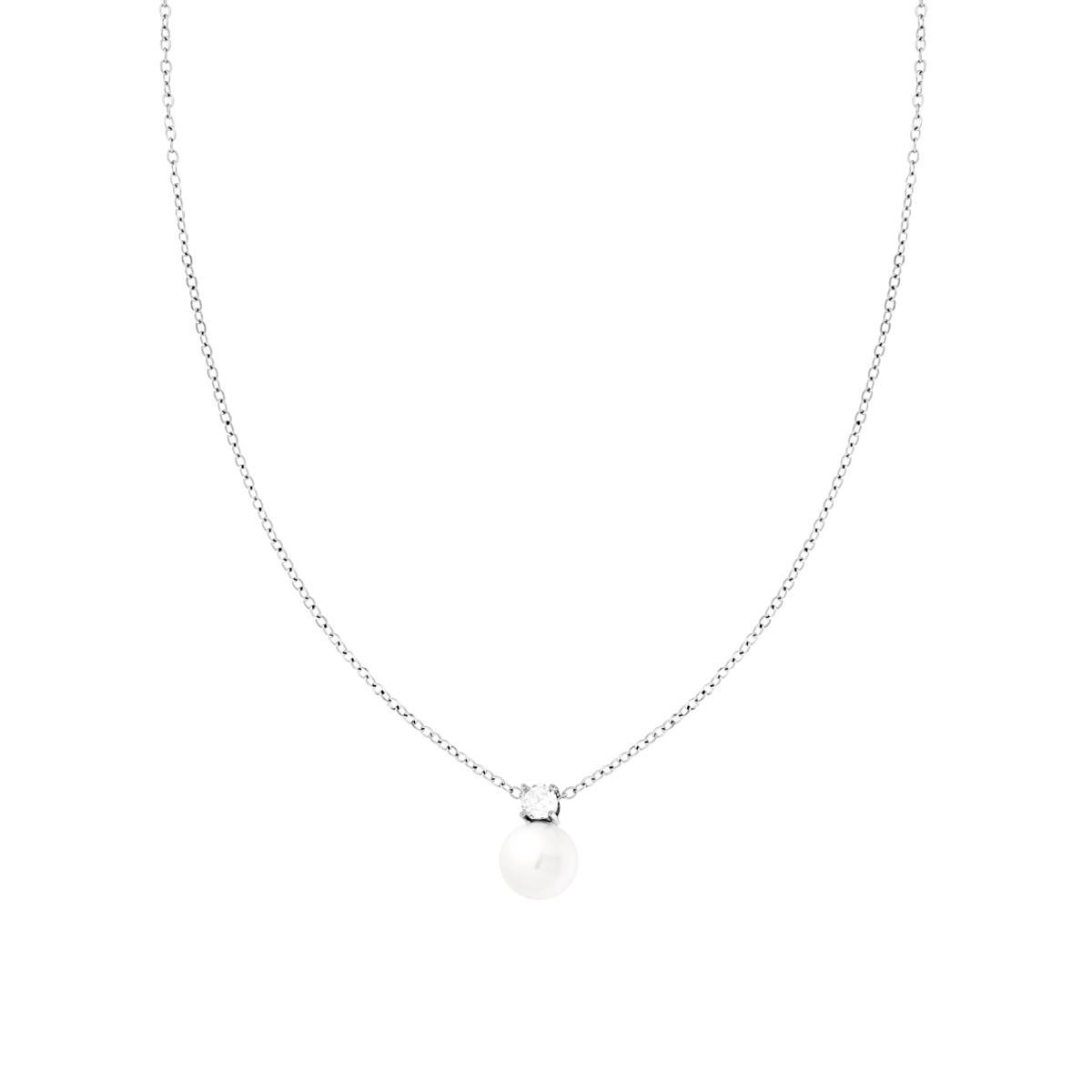 Collana Catena Forzatina Diamantata con Perla e Punto Luce Crystal Bianco in ACCIAIO