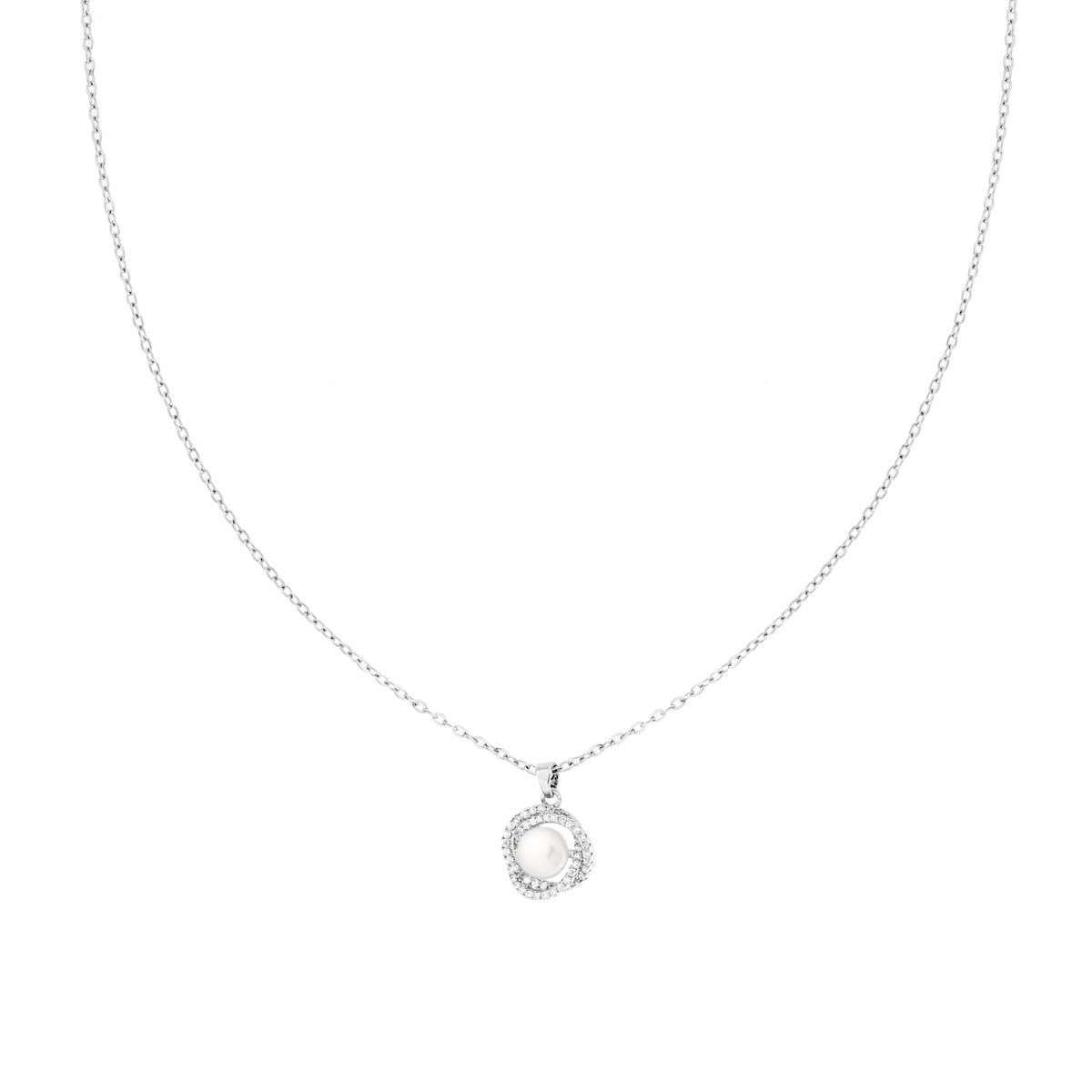 Collana Catena Forzatina Diamantata con Perla contornata da Crystal Bianchi in ACCIAIO