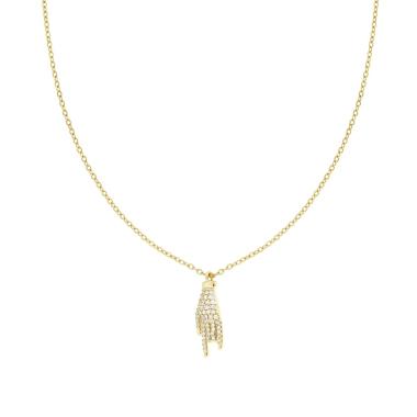 Collana Catena Forzatina Diamantata con Mano Corna Portafortuna e Crystal Bianchi in ACCIAIO e OTTONE colore Oro