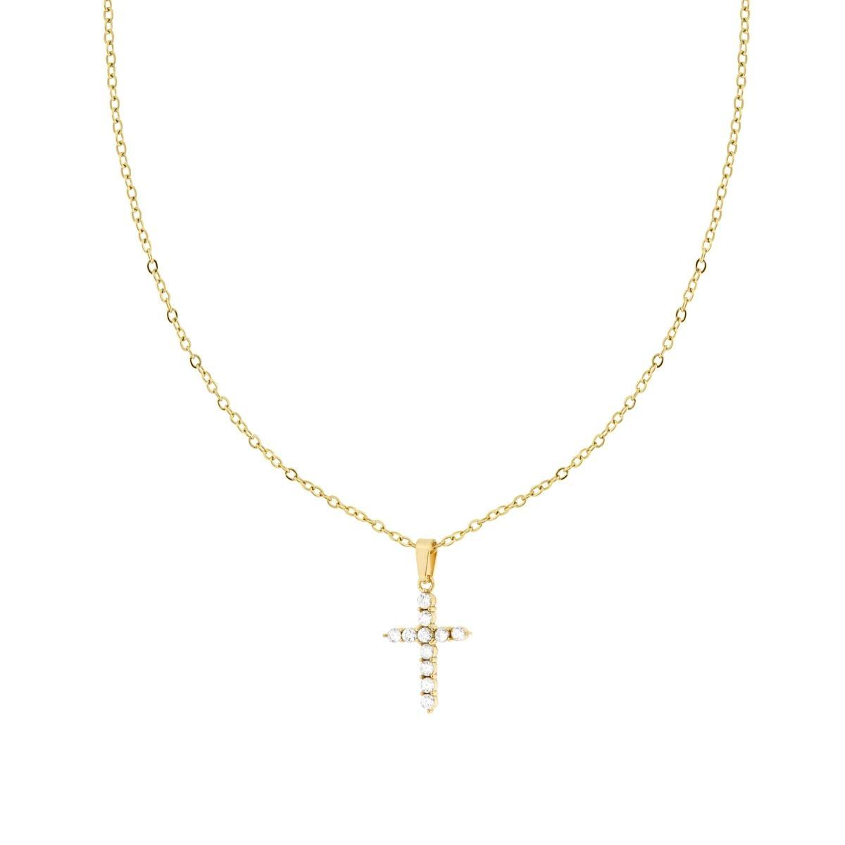 Collana Catena Forzatina Diamantata con Croce e Crystal Bianchi in ACCIAIO colore Oro