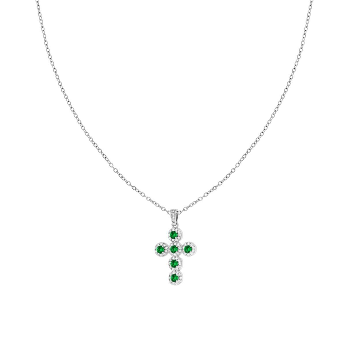 Collana Catena Forzatina Diamantata con Croce Crystal Verde Smeraldo e Bianchi in ACCIAIO e OTTONE