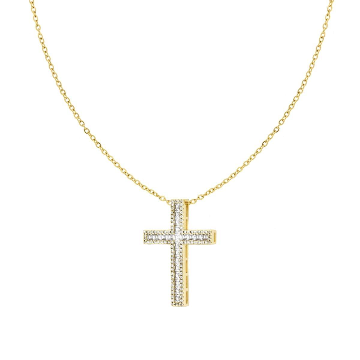 Collana Catena Forzatina con Croce e Crystal Bianchi in ACCIAIO e OTTONE colore Oro