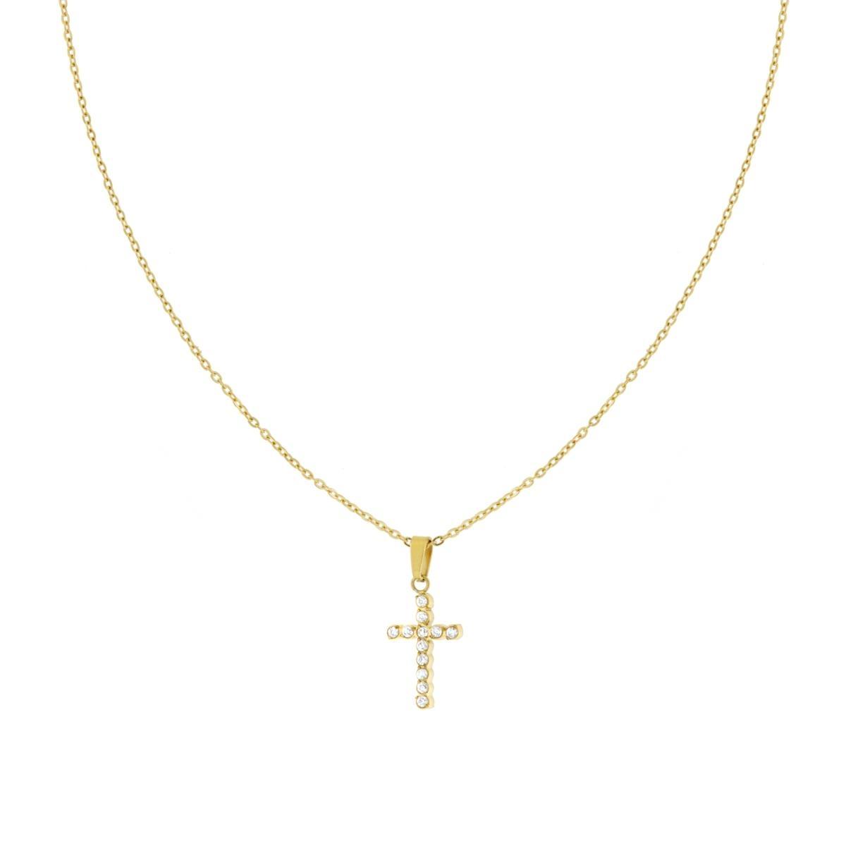 Collana Catena Forzatina Diamantata con Croce e Crystal Bianchi in ACCIAIO colore Oro